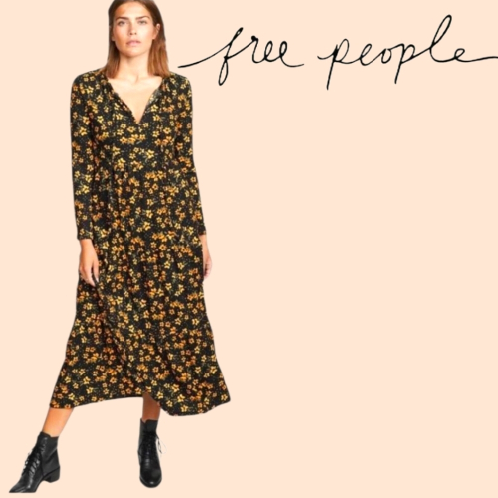 FREE PEOPLE Tiers Of Joy Floral Maxi Dress Marigold On Black XS  EUC